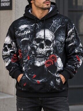Men's Gothic Skull Rose Graphic Hoodie Black Pullover Streetwear #4